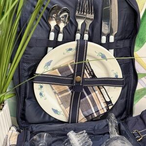Elegant Blue Picnic Set with Floral Plates